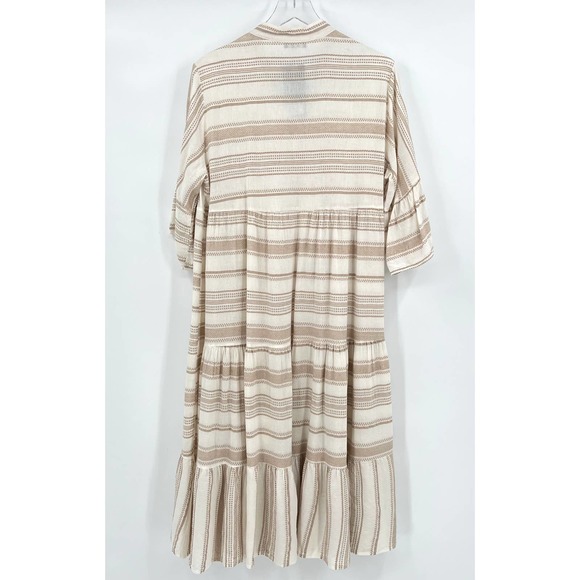 Boho Dress Woven pattern Stripe Tiered White Tan OS NWT - Picture 6 of 11